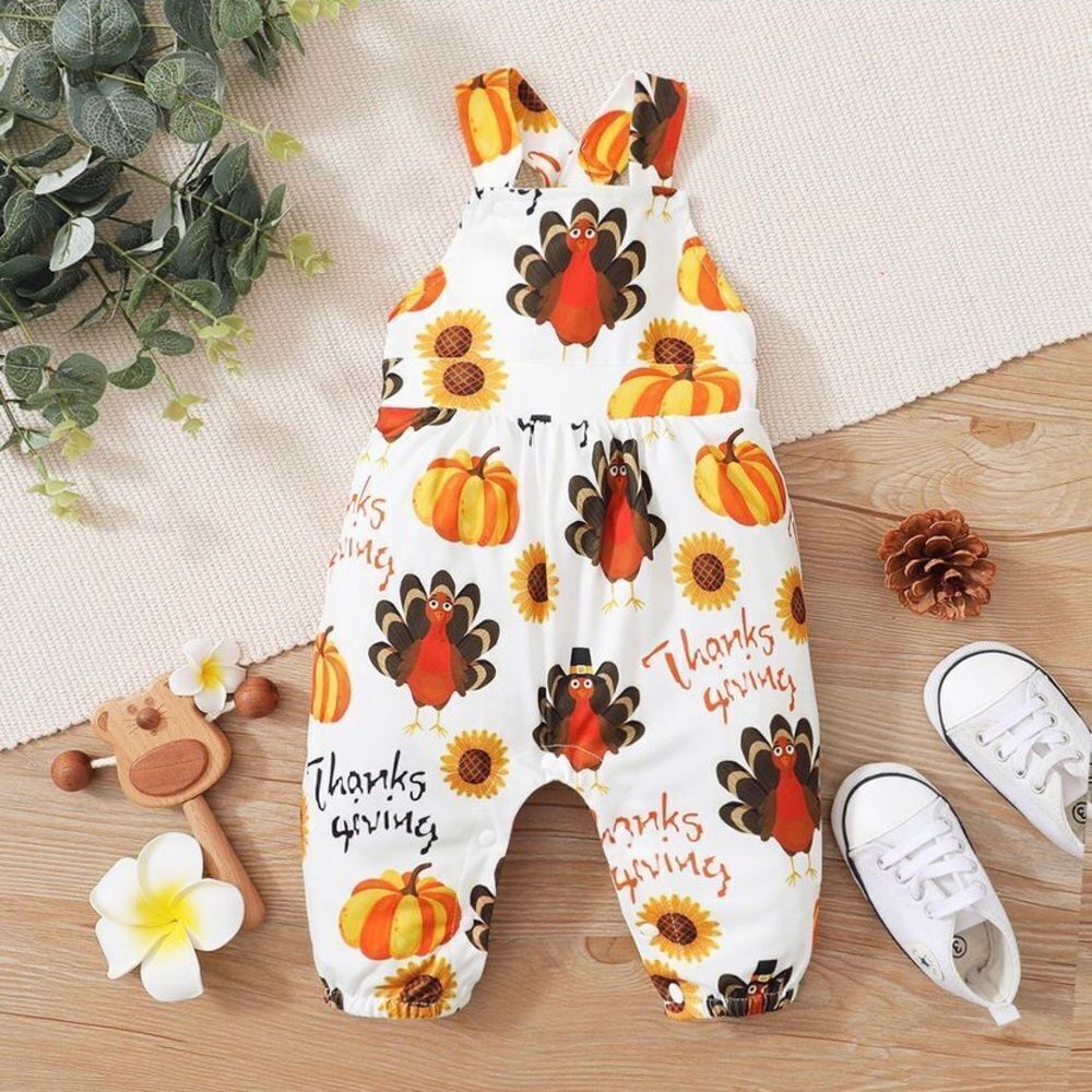 Size 3-6 months, girls Thanksgiving jumpsuit, turkey & pumpkin, baby Fall outfit - Picture 2 of 6